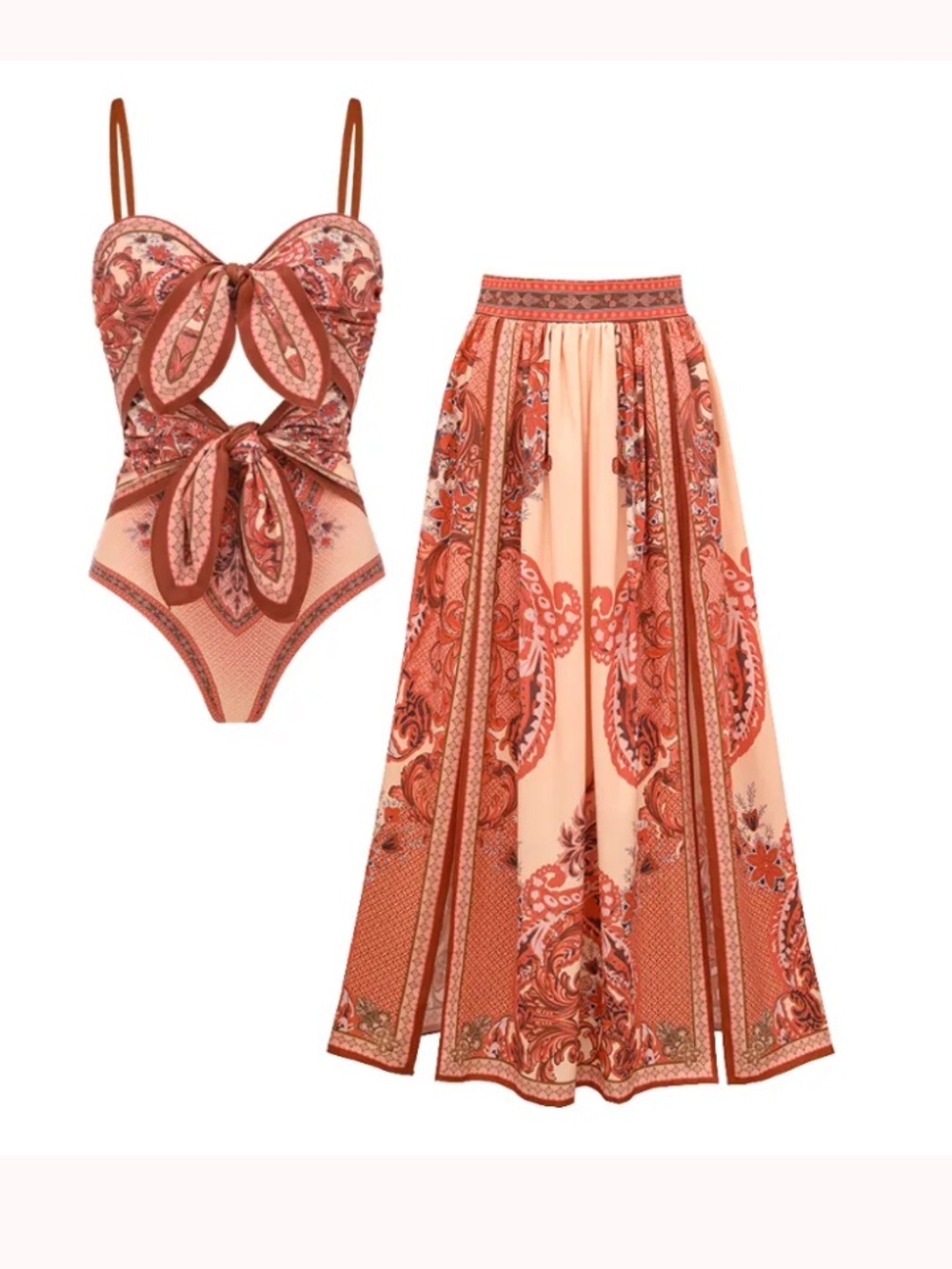 Flaxmaker Bow-detailed Paisley Print Swimsuit set- Large